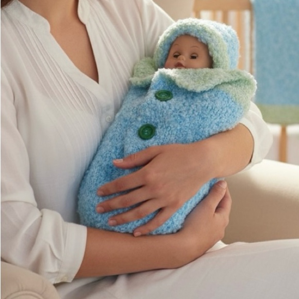 Hand Crafted Baby Cocoon  Blue Green Swaddle One Piece Photo Prop Knit